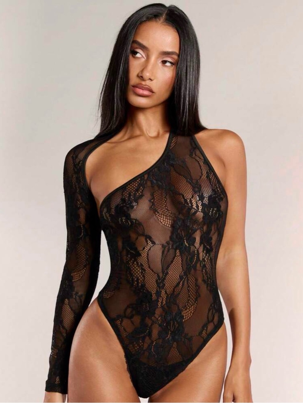 Black Lace Long-Sleeve Open-Back Bodysuit
